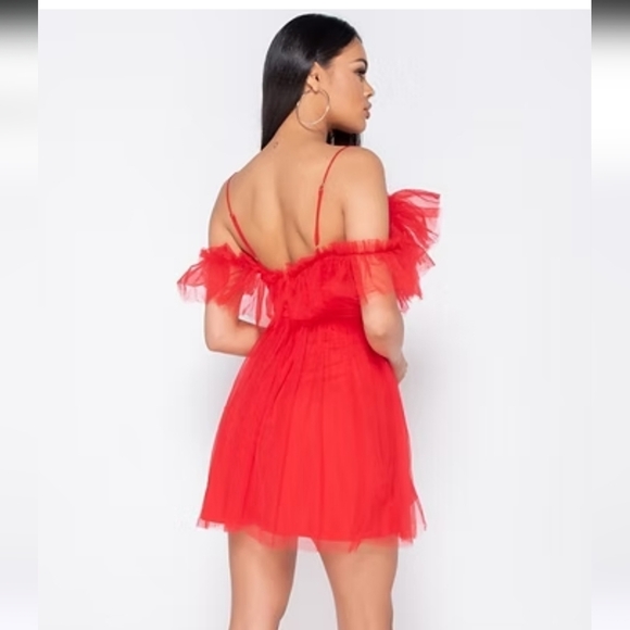 EILLY BAZAR Red Sheer Mesh Tie Front Ruffle Detail Cold Shoulder Mini Dress. XS - Picture 4 of 16